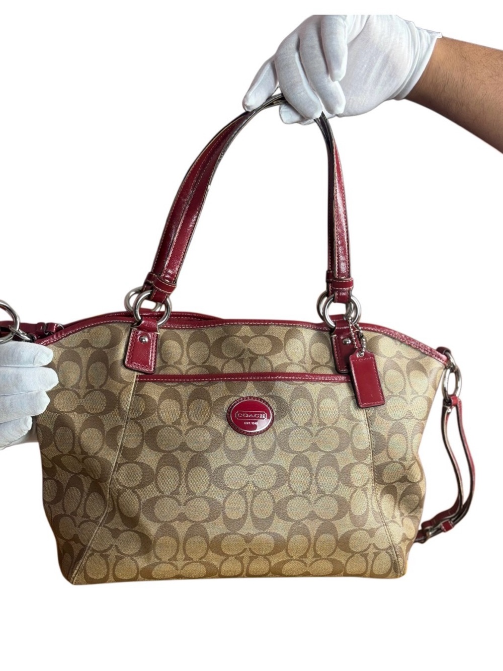 Coach F19198 Signature Burgundy Patent Leather Medium Tote Shoulder Bag